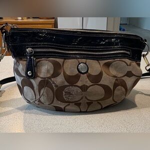 Coach Brown Signature Canvas Crossbody with Black Patent Trim